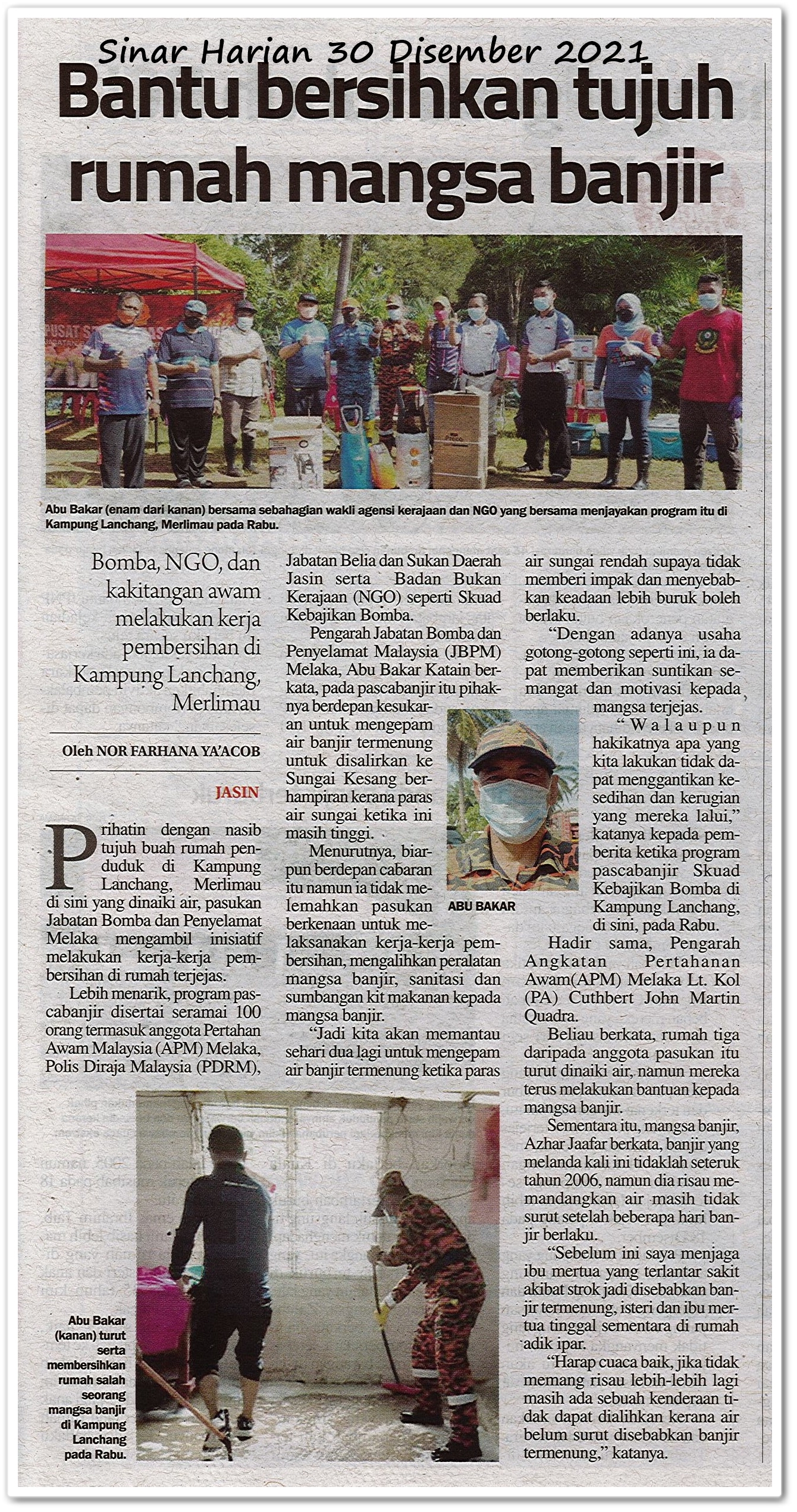 Bantu bersihkan tujuh rumah mangsa banjir - Keratan akhbar Sinar Harian 30 Disember 2021