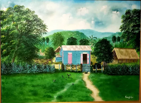 Casita azul en el campo, pintura de Ramon Santiago