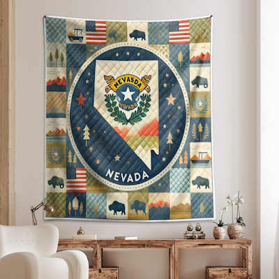 Home decor quilt design featuring Nevada state emblem and USA icons