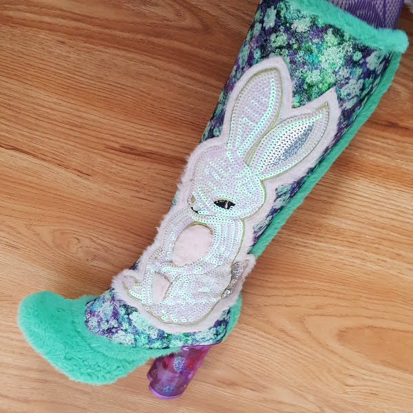 sequins bunny rabbit applique boot with green fur and purple floral uppers