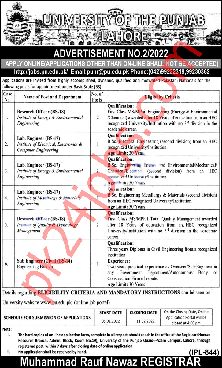 PU Lahore Jobs 2022 – Today Jobs 2022