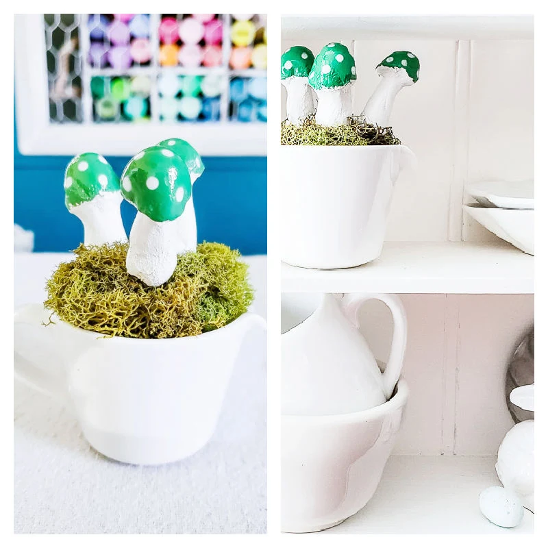 green mushrooms with polka dots in small ironstone creamer with moss