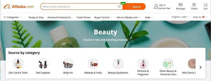 Alibaba là một trong những nền tảng hỗ trợ bán buôn hoá mỹ phẩm tốt nhất hiện nay (Ảnh: Alibaba.com)