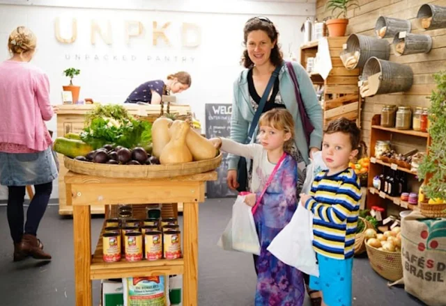 Alt: = "photo of mother and 2 children shopping in an organic and health food store"