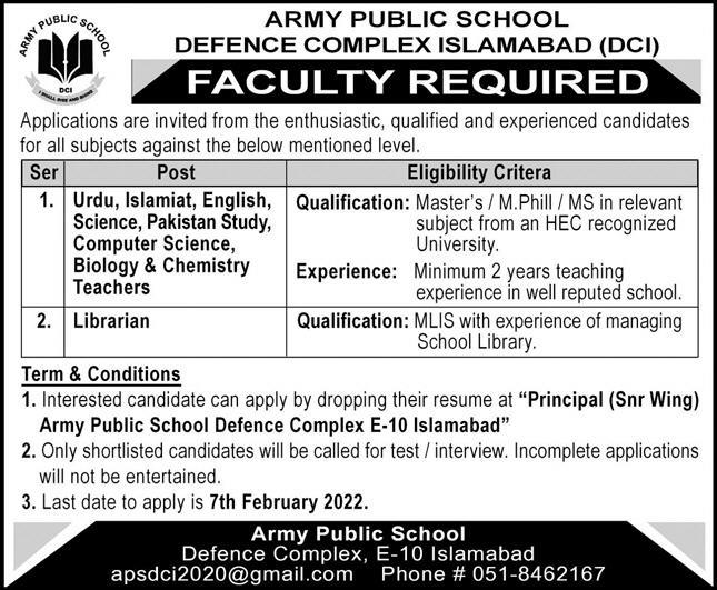 Army Public School Defence Complex Islamabad Jobs 2022