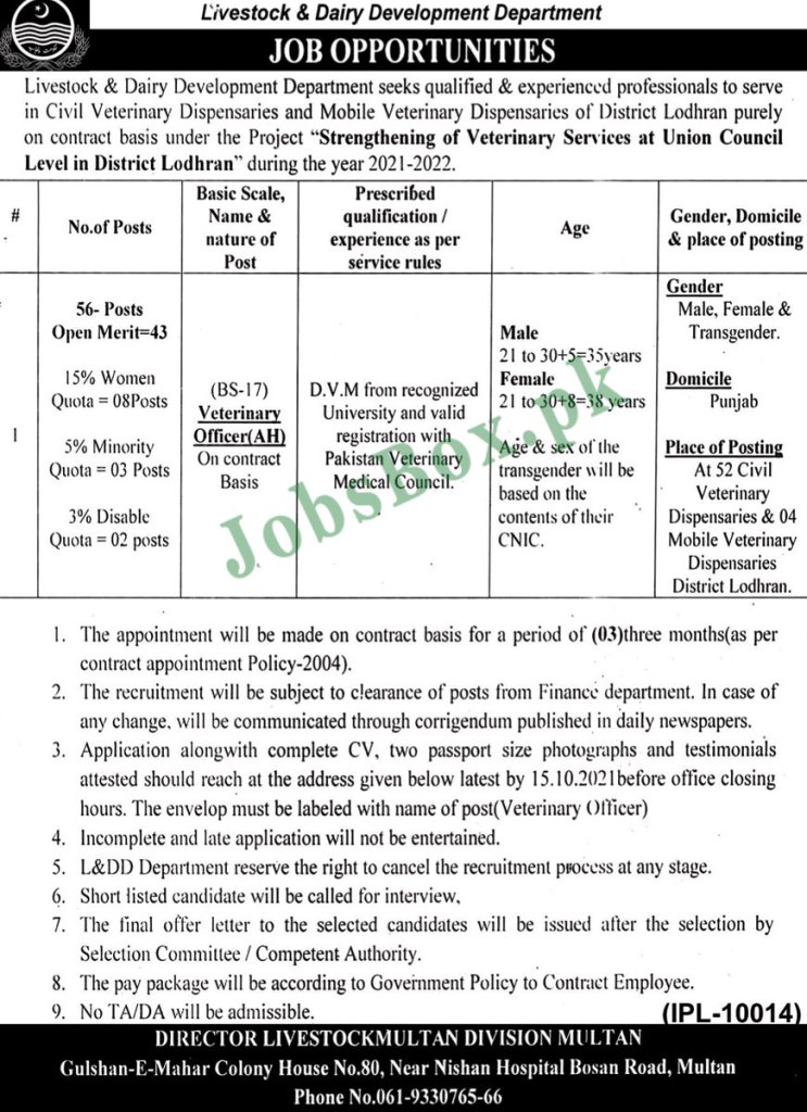 Livestock and Dairy Development Department Punjab Jobs 2021