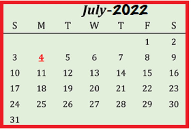 July 2022 with US holidays