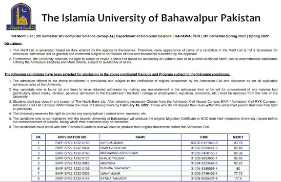The Islamia University of Bahawalpur IUB All Campus  BS 5th Semester 1st Merit List Upload Spring Admissions 2022