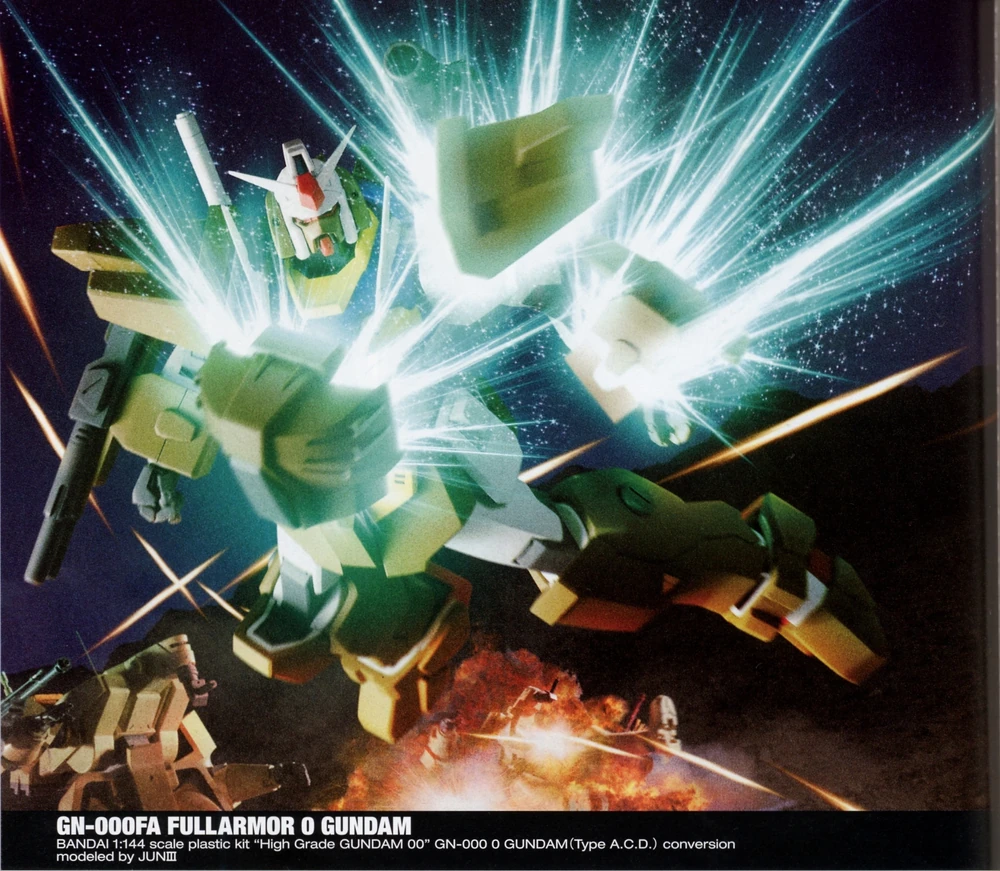 “Imagen del GN-000FA Full-Armor 0 Gundam, una variante avanzada del GN-000 0 Gundam, conocida por su armadura completa y su presencia imponente en la serie Mobile Suit Gundam 00.”