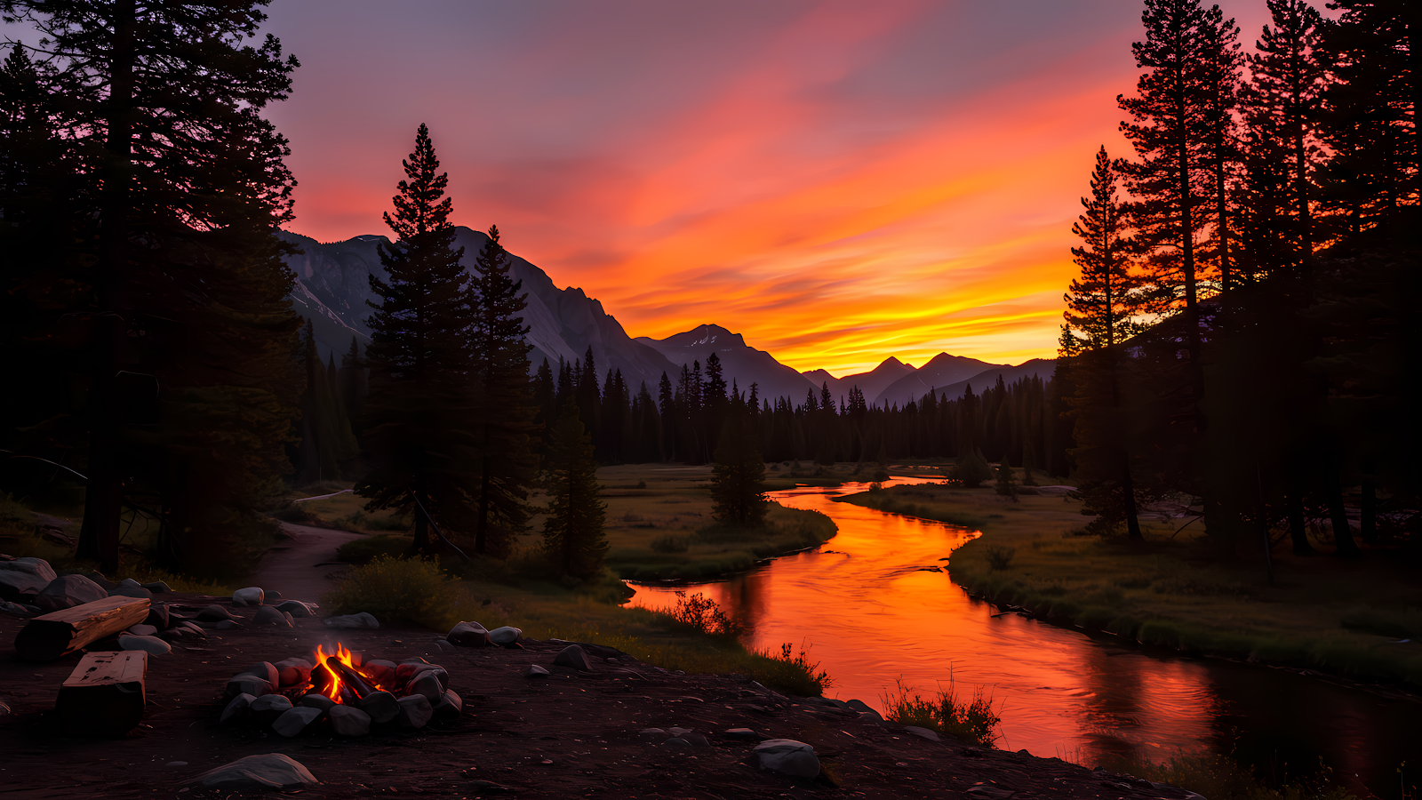 Campfire burning beside a winding river at sunset in a mountainous forest landscape