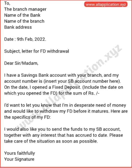 application letter for bank fixed deposit withdrawal