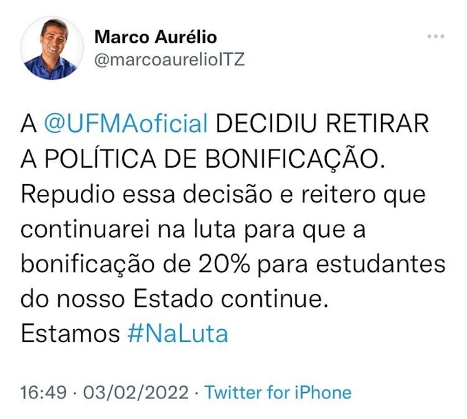 Marco Aurélio lamenta que a UFMA tenha retirado a BONIFICAÇÃO de 20% na nota do ENEM para estudantes maranhenses pela qual ele tanto lutou.