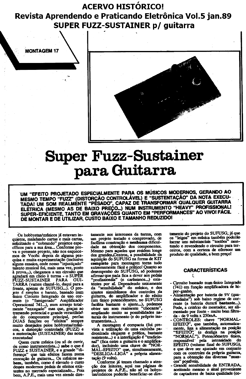 Aprendendo e Praticando Eletrônica SUPER FUZZ-SUSTAINER p/ guitarra - Vol.5 jan.89  e   TREMOLO p/ guitarra - Vol.15 jan.89