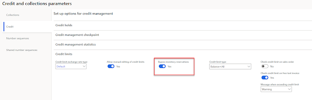 Credit and collections parameters with the Bypass inventory reservations parameter marked