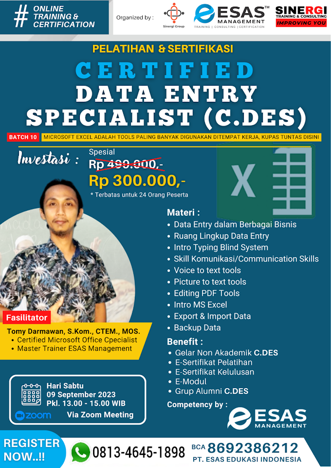 WA.0813-4645-1898 | Certified Data Entry Specialist (C.DES) 9 September 2023