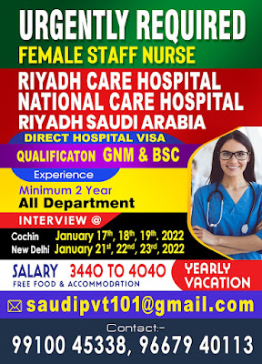 Nurses Required for Riyadh Care & National Care Hospital Riyadh, Saudi Arabia