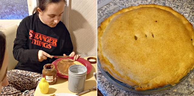 Youngest with a pancake & a pie