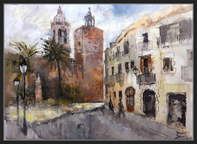 SITGES-PINTURA-ART-CAMPANARS-ESGLESIA-SANT BARTOMEU-SANTA TECLA-PLAÇA-AJUNTAMENT-MONUMENTS-PÀISATGES-PINTOR-ERNEST DESCALS