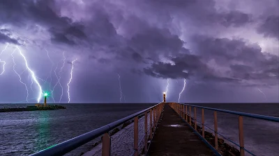 Wallpaper Sea Storm, Pier, Night, Lighthouse