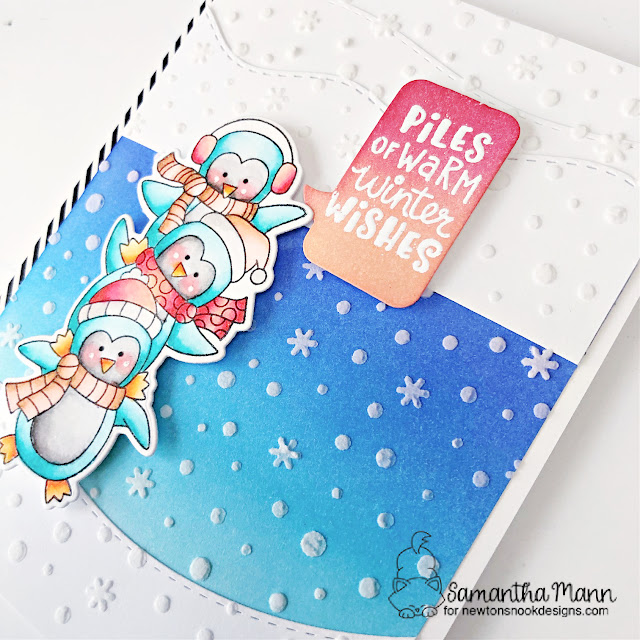 Piles of Warm Winter Wishes Card by Samantha Mann | Penguin Pile Stamp Set, Petite Snow Stencil, Land Borders Die Set and Sea Borders Die Set by Newton's Nook Designs #newtonsnook #handmade