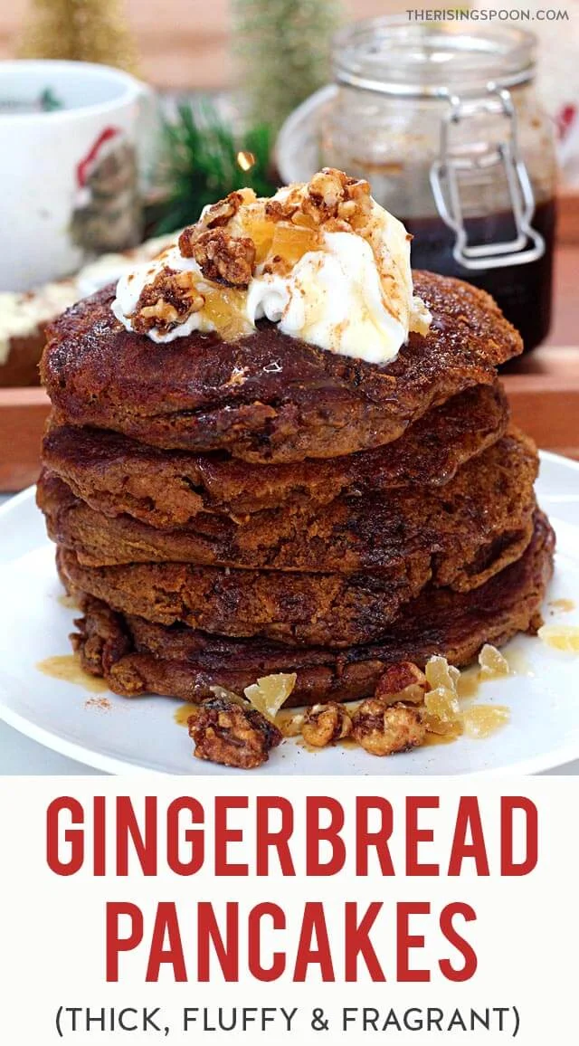 These gingerbread pancakes are thick, fluffy & ultra fragrant. Every bite is packed with warm spices & molasses, so they're reminiscent of your favorite gingerbread cookie. Top with whipped cream, gingerbread syrup, maple syrup, candied pecans & crystallized ginger for the ultimate Christmas breakfast. TIP: Prep a batch of the dry mix with simple pantry ingredients to save time (or give as food gifts). The cooked pancakes also freeze & reheat well for a lazy weekend breakfast!