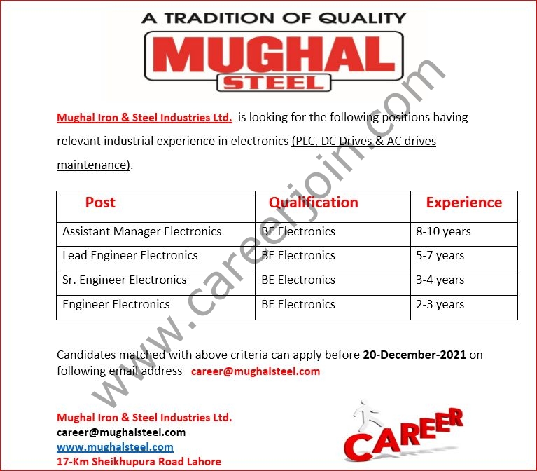 careers@mughalsteel.com - Mughal Iron & Steel Industries Limited Jobs 2022 in Pakistan