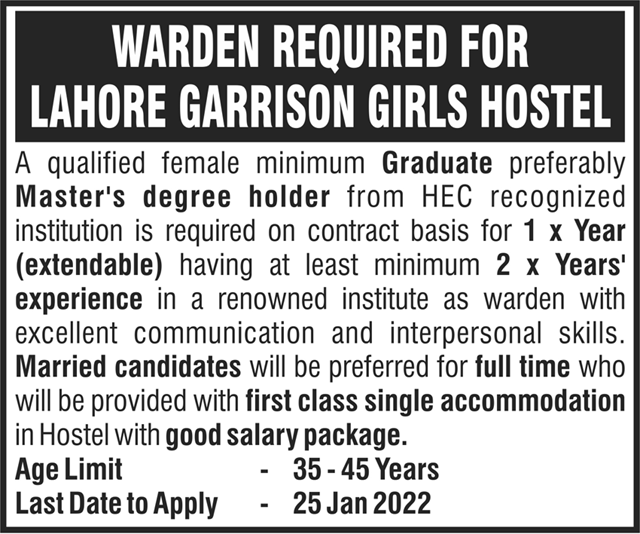 Lahore Garrison Girls Hostel Jobs in Lahore 2022