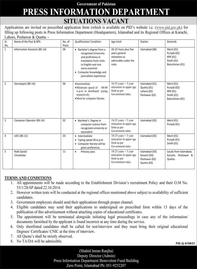 Press Information Department PID Jobs 2022 – www.pid.gov.pk