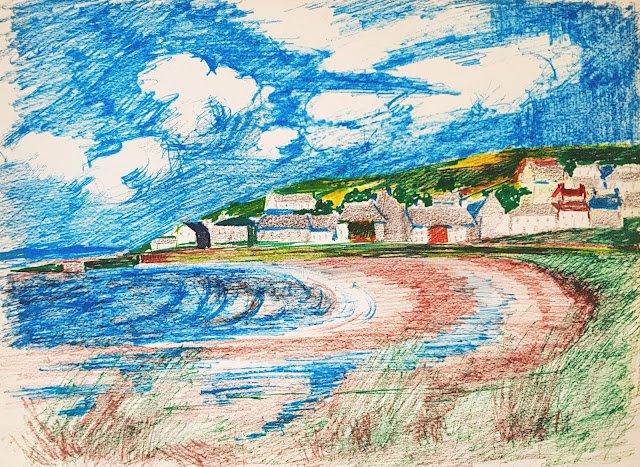 Wax crayon sketch of a beach and a small fishing village under a sunny sky, "Portmahomack," by Scottish artist A.W.S. Munro.