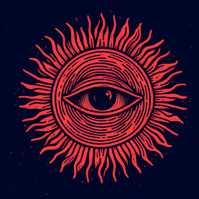 an eye inside a rising sun. line drawing with red color.