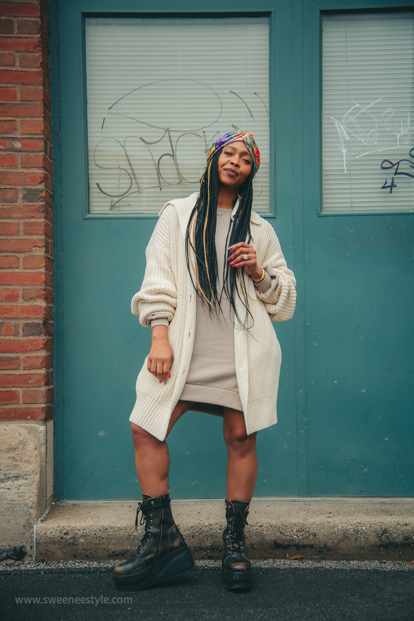 Sweenee Style, Indianapolis Style Blog, Fashion Blog, SWEATSHIRT Dress, Easy outfit ideas, CARDIGAN STYLE, GUCCI SCARF, GIRLS WHO WEAR BRAIDS, NATURAL