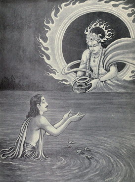 Surya handing Yudhishthira the Akshaya Patra (Inexhaustible Vessel). (wiki)