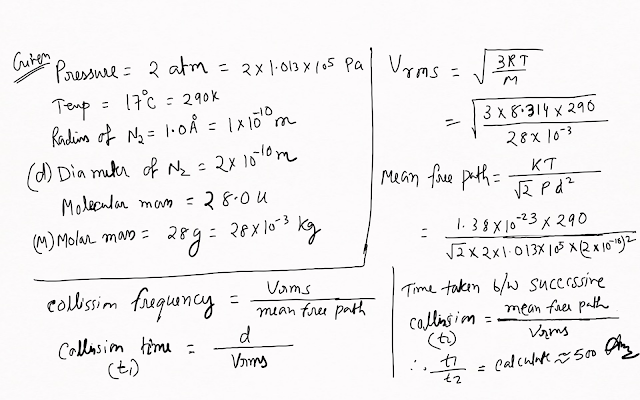 Estimate the mean free path and collision frequency of a nitrogen molecule in a cylinder  containing nitrogen at 2.0 atm and temperature 17 °C. Take the radius of a nitrogen  molecule to be roughly 1.0 Å. Compare the collision time with the time the molecule  moves freely between two successive collisions (Molecular mass of N2 = 28.0 u).