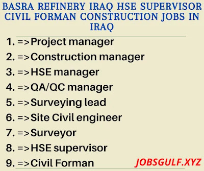 Basra refinery Iraq HSE supervisor Civil Forman Construction Jobs in Iraq