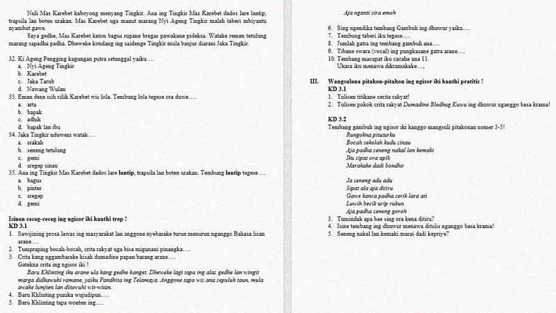 Soal dan Kunci Jawaban PTS Semester 2 Kelas 4 Mapel Bahasa Jawa