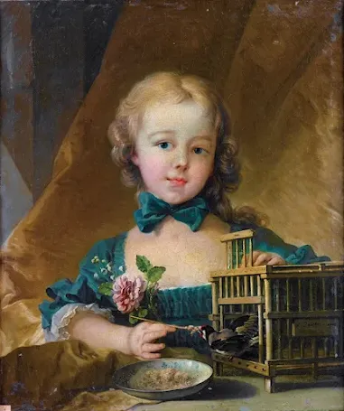 Madame de Pompadour's daughter is feeding canaries. Painting from the 18th century