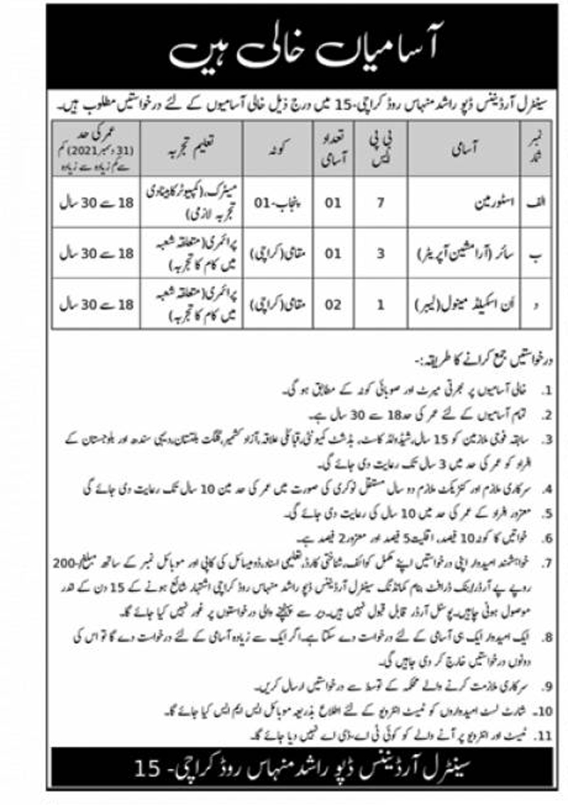 Pak Army Central Ordnance Depot COD Karachi Jobs 2021