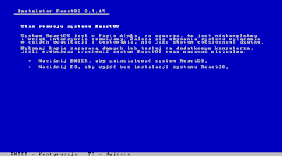 Niebieski ekran z informacją o rozwoju systemu ReactOS, o tym, że jest to jeszcze wersja Alfa