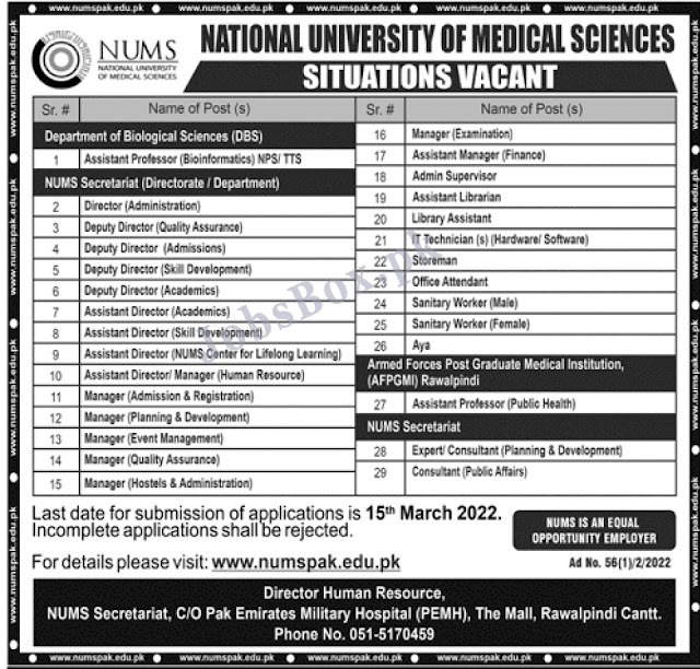 NUMS National University of Medical Sciences Jobs 2022 Online Apply