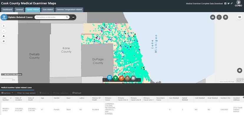 Map displaying Cook County medical examiner maps with dots