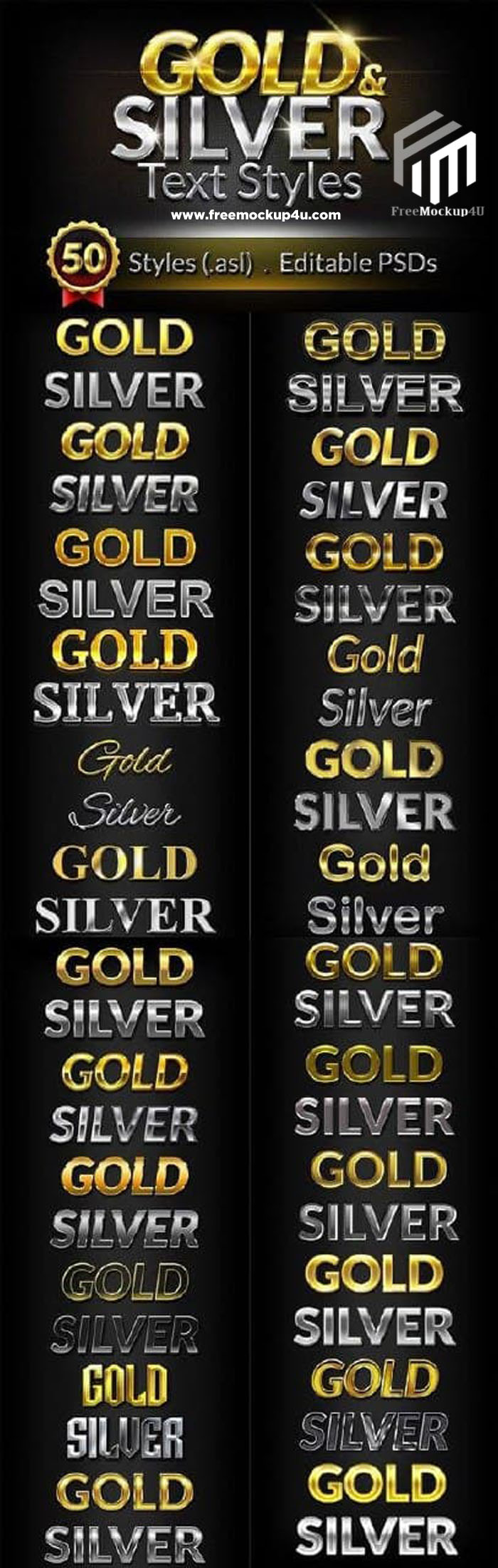 50 Gold And Silver Text Styles Effect PSD and Asl Bundle Pack