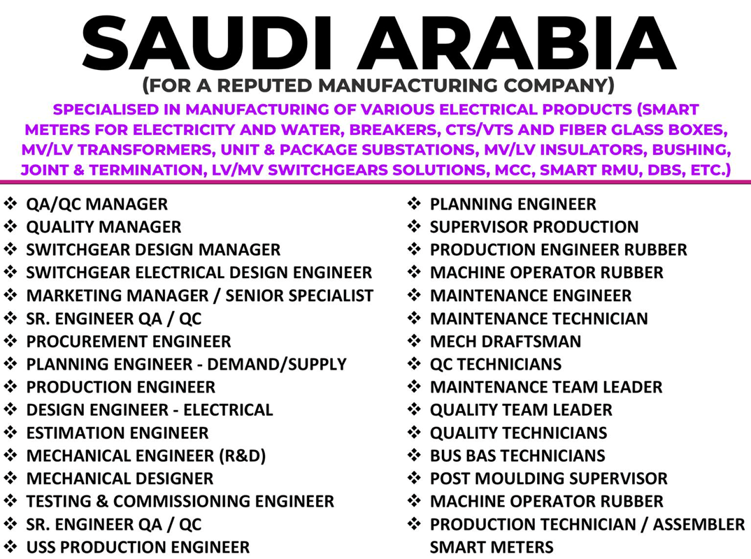 1230+ Job Opportunities with Reputed Manufacturing Company in Saudi Arabia