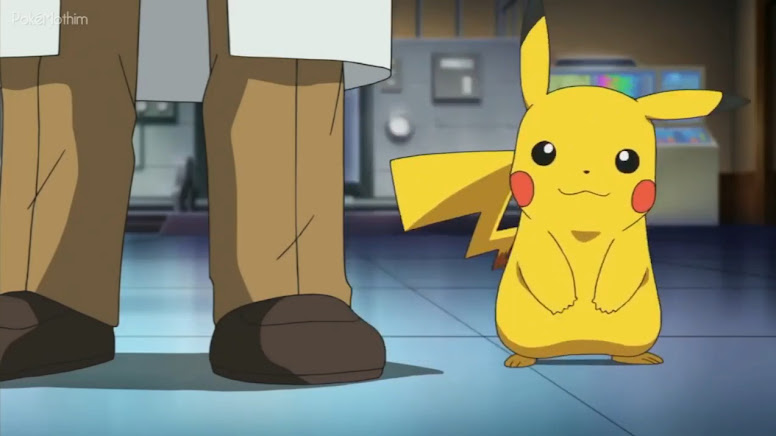 Um desenho animado pikachu sentado em cima de uma pedra