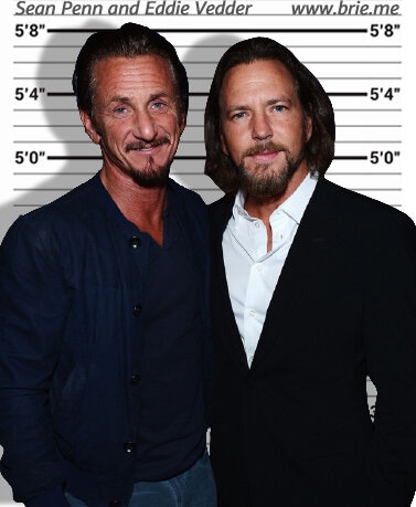 Sean Penn standing with Eddie Vedder in front of a height chart background