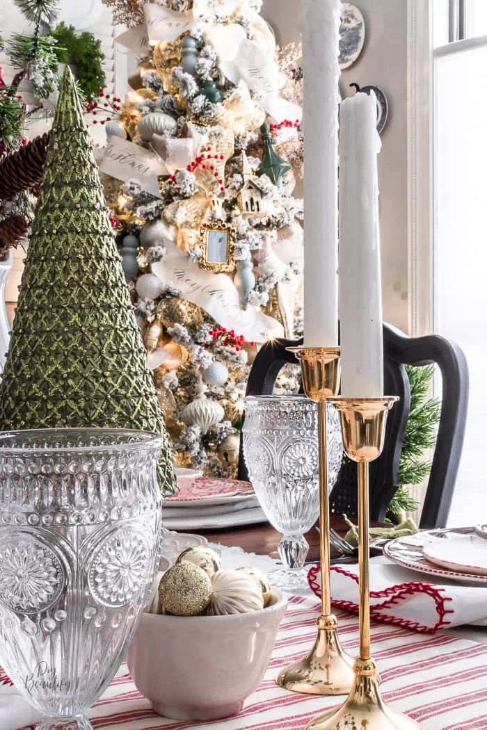 gold candlesticks and green and gold ceramic tree