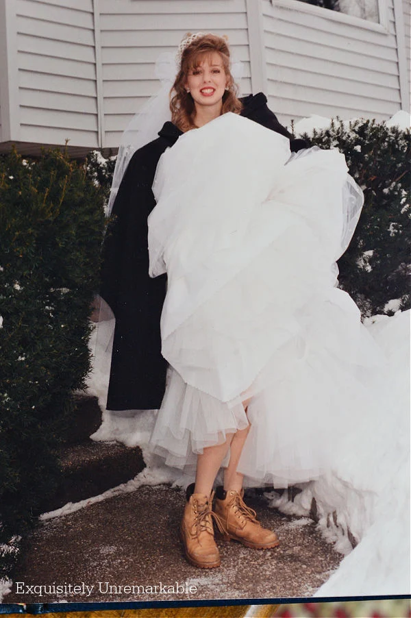 Work Boots and Wedding Dress on a snowy day