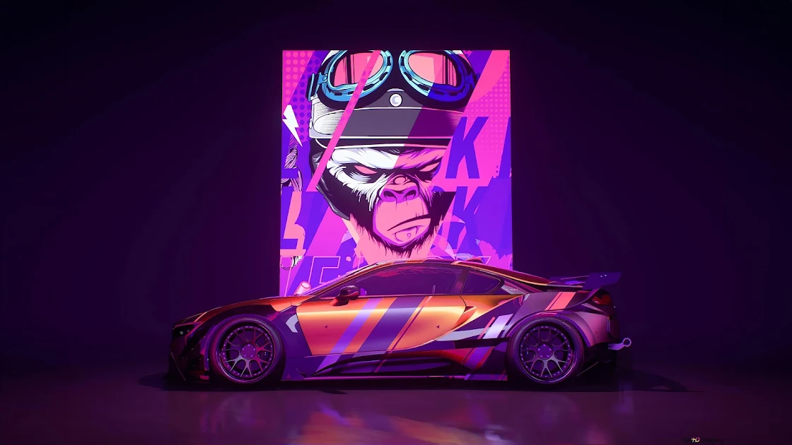 A striking Need for Speed-inspired wallpaper showcasing a sleek sports car with a vibrant, graphic monkey head in the background, perfect for gamers and car enthusiasts.