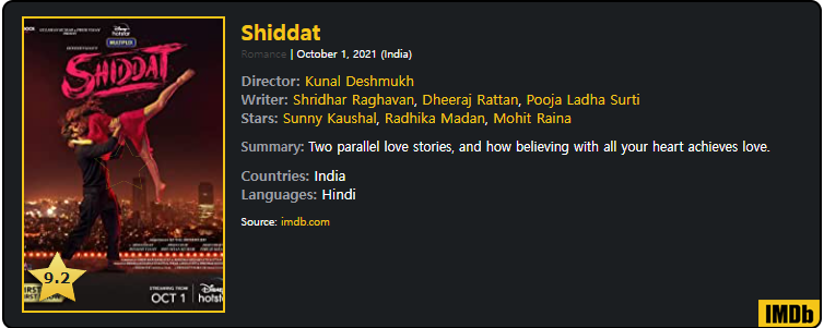 Download Shiddat (2021) Hindi Movie 720p [1.3GB]