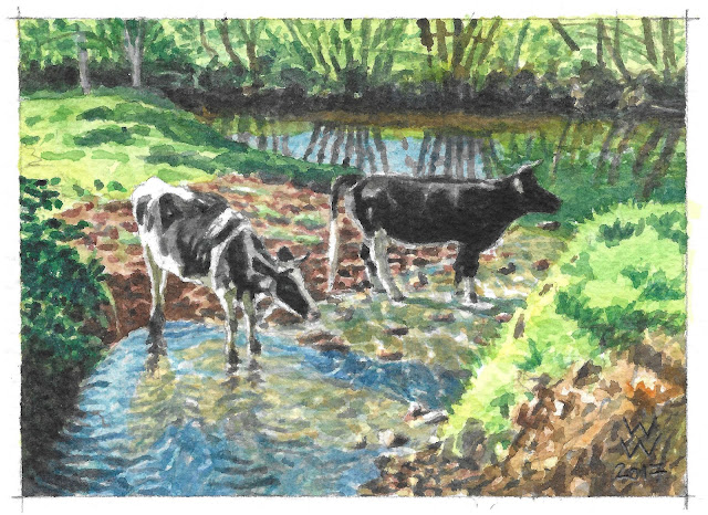 A watercolour of two Prim'Holsteins paddling near the river Sienne, entitled "Vaches de la Sienne," by William Walkington in 2017