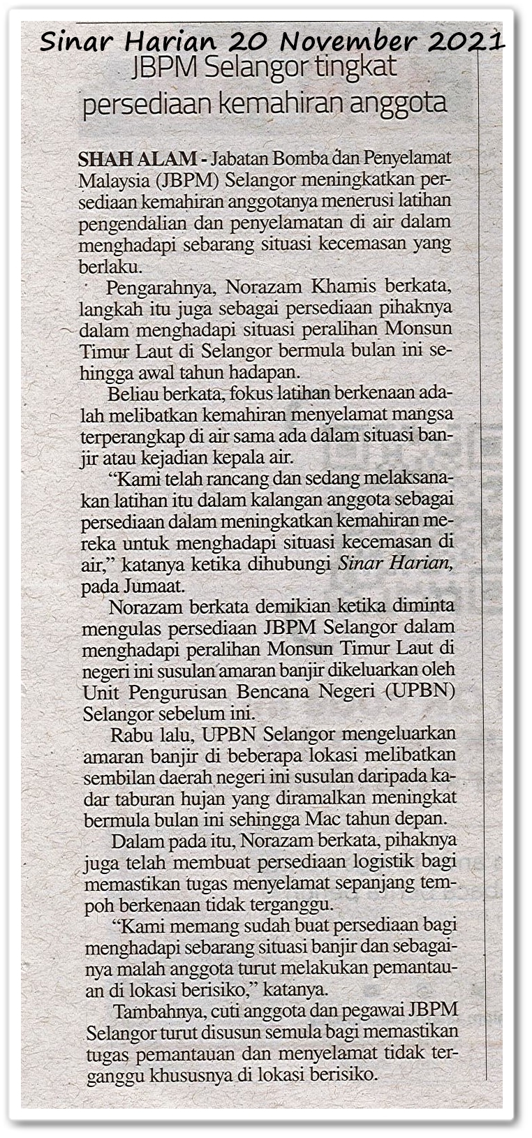 JBPM Selangor tingkat persediaan kemahiran anggota - Keratan akhbar Sinar Harian 20 November 2021